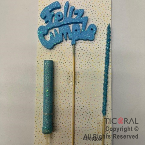 ADORNO DE TORTA SET FELIZ CUMPLE CON BENGALA Y VELA GIBRE CELESTE x 1